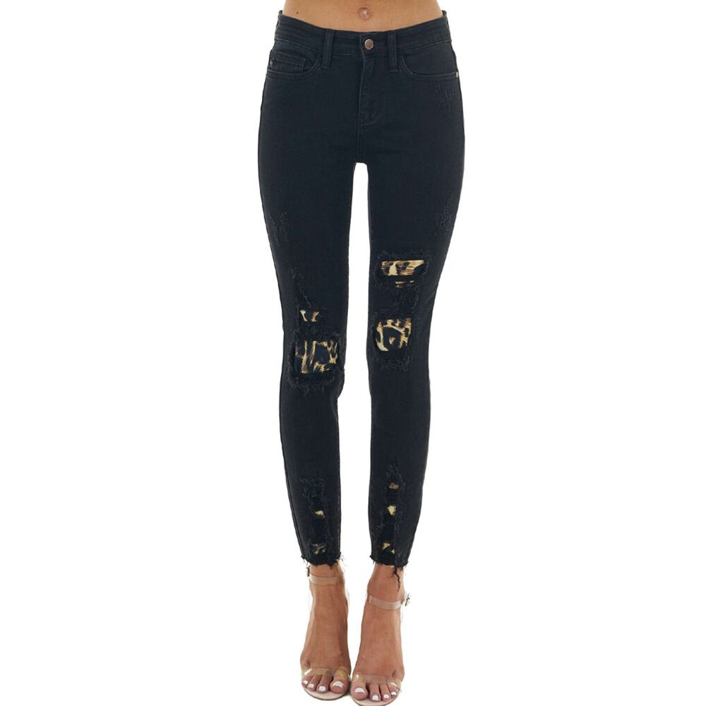 Judy Blue Black Leopard Patch Ripped Skinny Jeans, size 5 / 27.